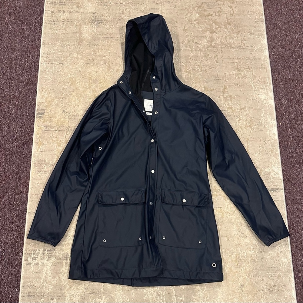 Herschel Blue Rain Jacket Raincoat Hood Waterproof Long Size M